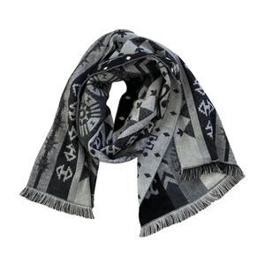 Naf Naf Aztec Tribal Pattern Scarf Grey Black Geometric Fringe Trim